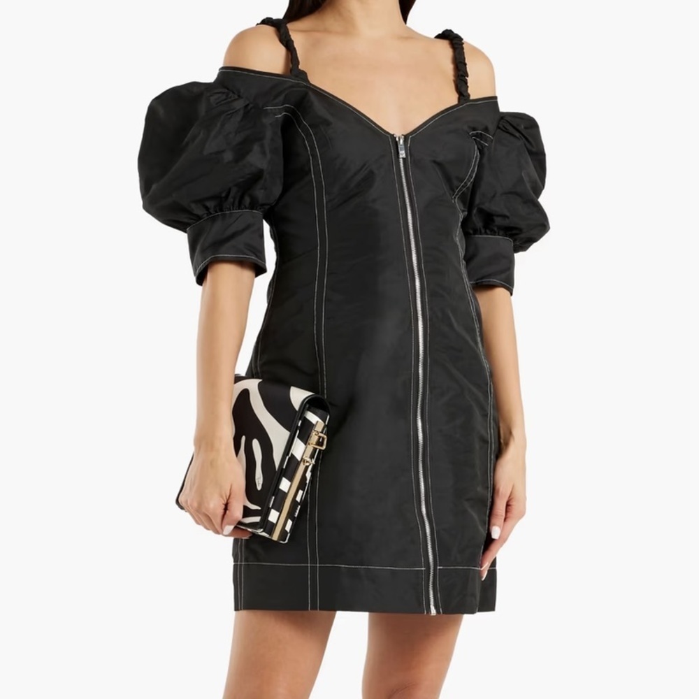 GANNI Black Cold Shoulder Zip Up Dress - Picture 3 of 13